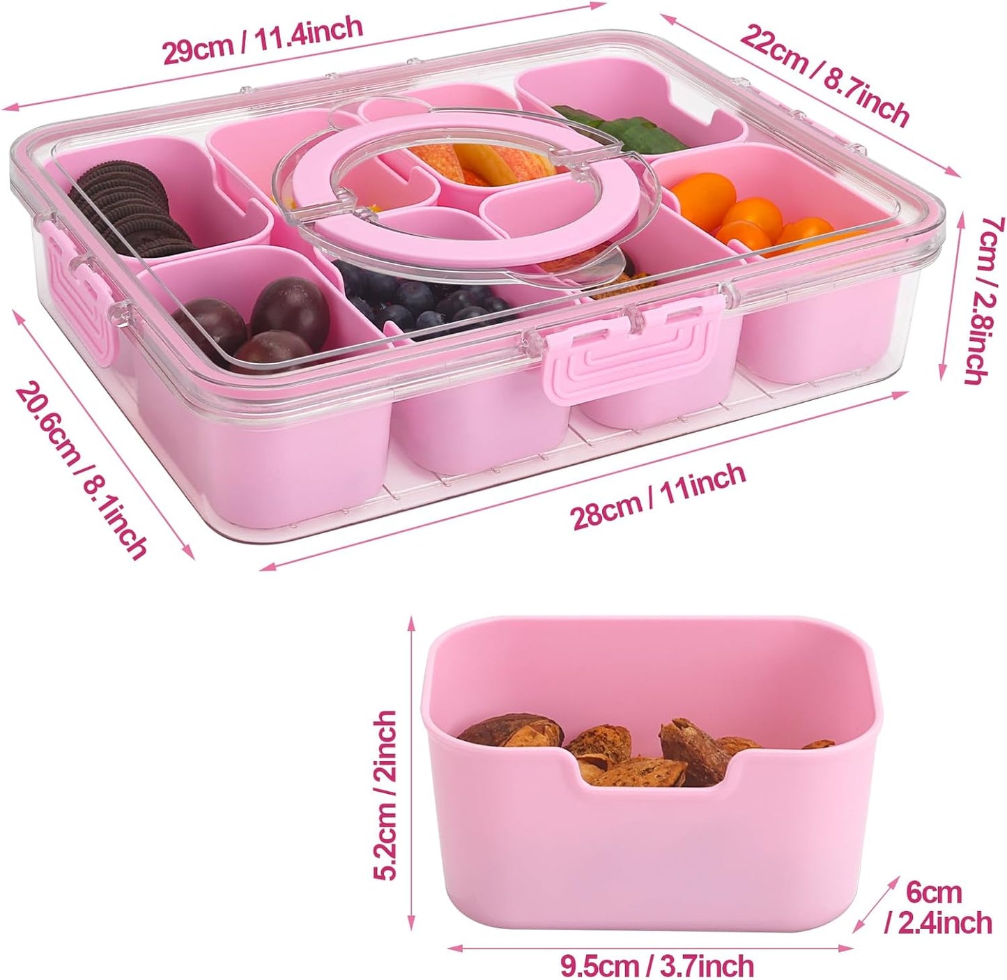 shopwithgreen 2Pcs Divided Serving Tray with Lid and Handle, Portable Snackle Box Snack Containers for Charcuterie, Party, Veggies, Snack, Fruit, Nuts, Candy, Chip, Entertaining, Picnic
