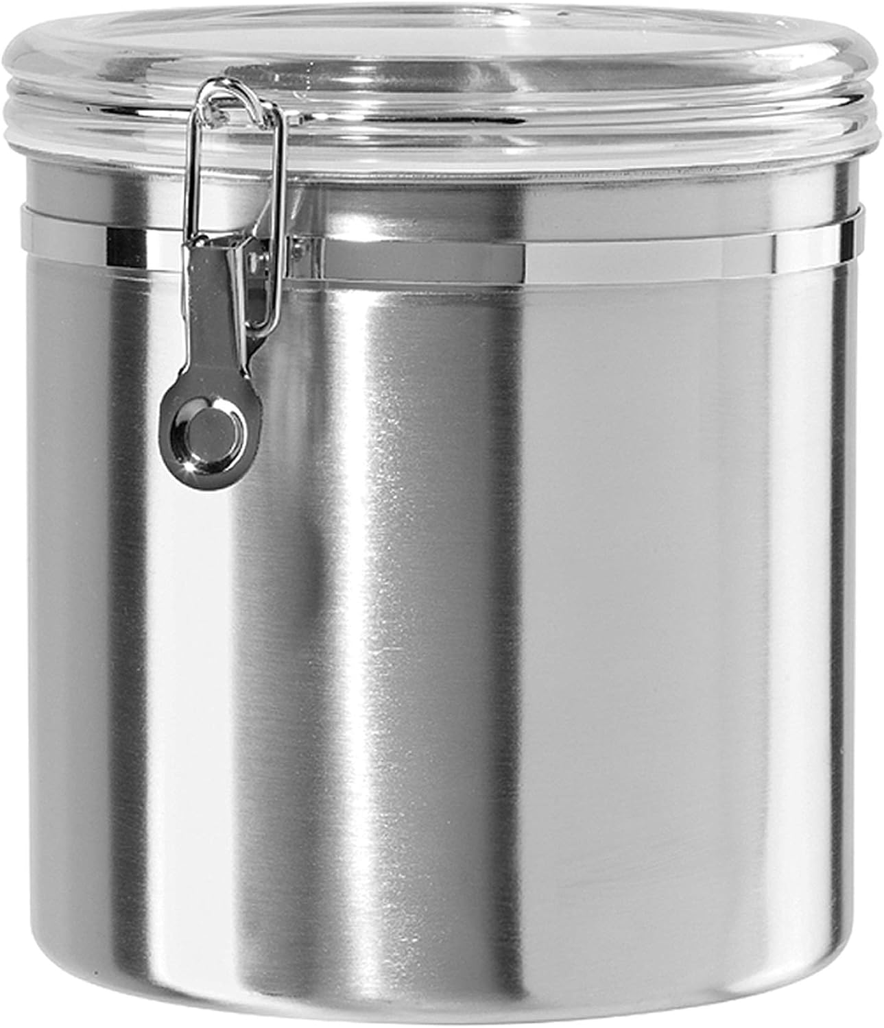 Oggi Stainless Steel Kitchen Canister 62 fl oz - Airtight Clamp Lid, Clear See-Thru Top - Ideal for Kitchen Storage, Food Storage, Pantry Storage. Large Size 5" x 7.5".