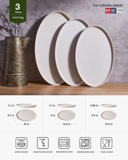 famiware Serving Platter, 16/14.6/12.9 Inch Serving Dishes for Entertaining, Party Serving Trays for Food, Buffet Oval Platters for Food, Large Plates for Bread Turkey Cheese Appetizer, Matte White
