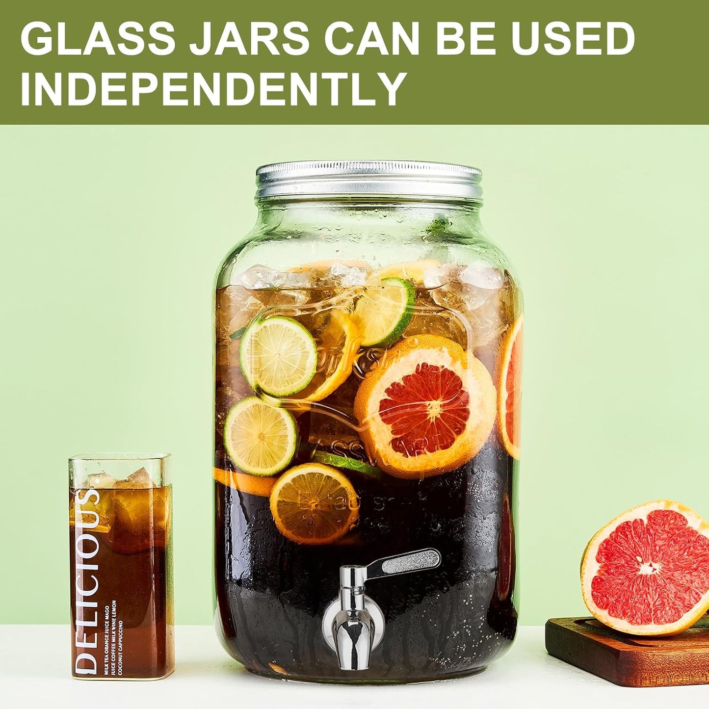 2 Gallon Beverage Dispenser with Stand and Lid, 18/8 Stainless Steel Spigot - Mason Jar Drink Dispensers with Lids, Glass Drink Dispensers for Parties