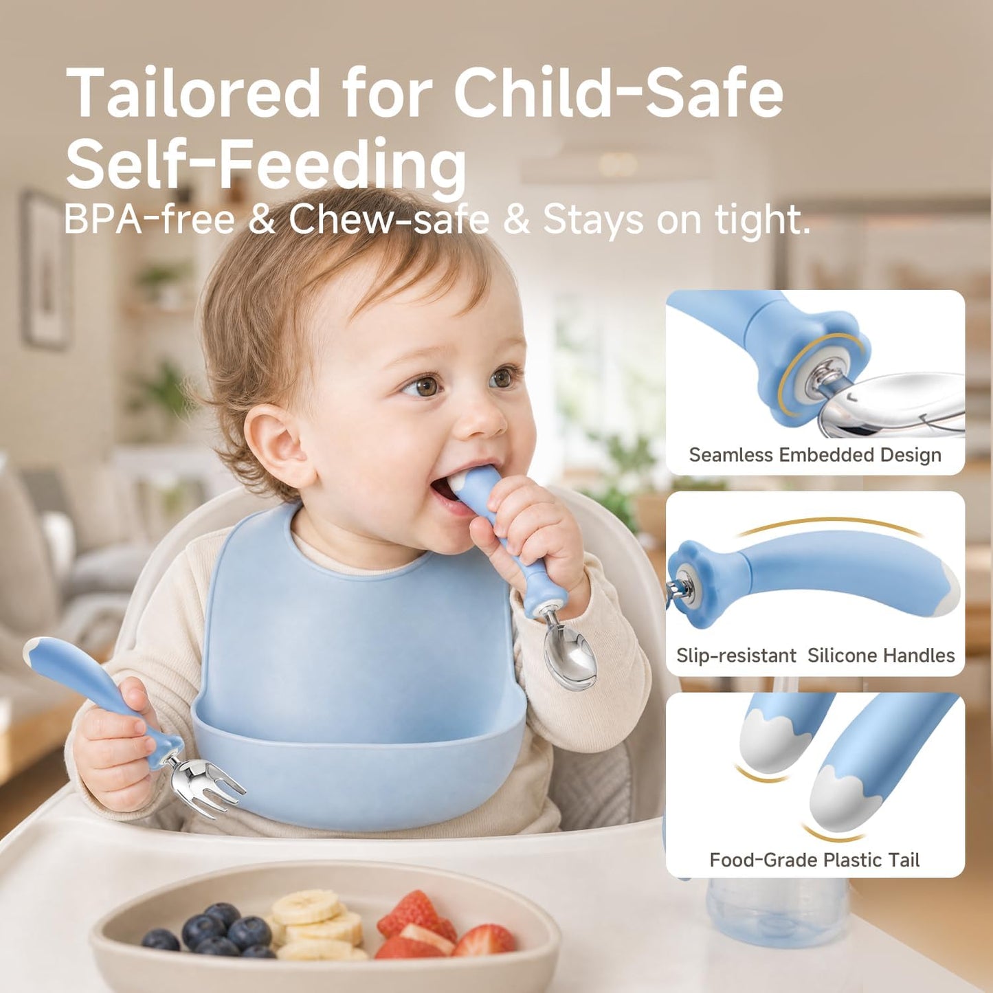 KINGSTONE Toddler Utensils with Case, Kids Silverware Set with Silicone Handles, 18/10 Stainless Steel Children Safe Forks and Spoons, Travel Carrying Cases BPA Free, Dishwasher Safe (blue)