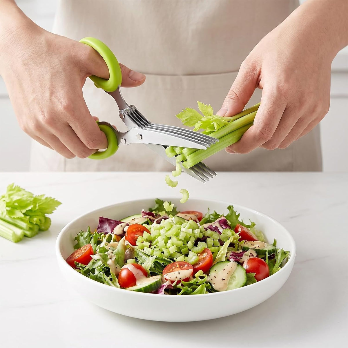 5-Blade Stainless Steel Herb Shears Herb Cutter with Cover - Fast Kitchen Chopper For Fresh Herbs Seasonings，Green+Blue