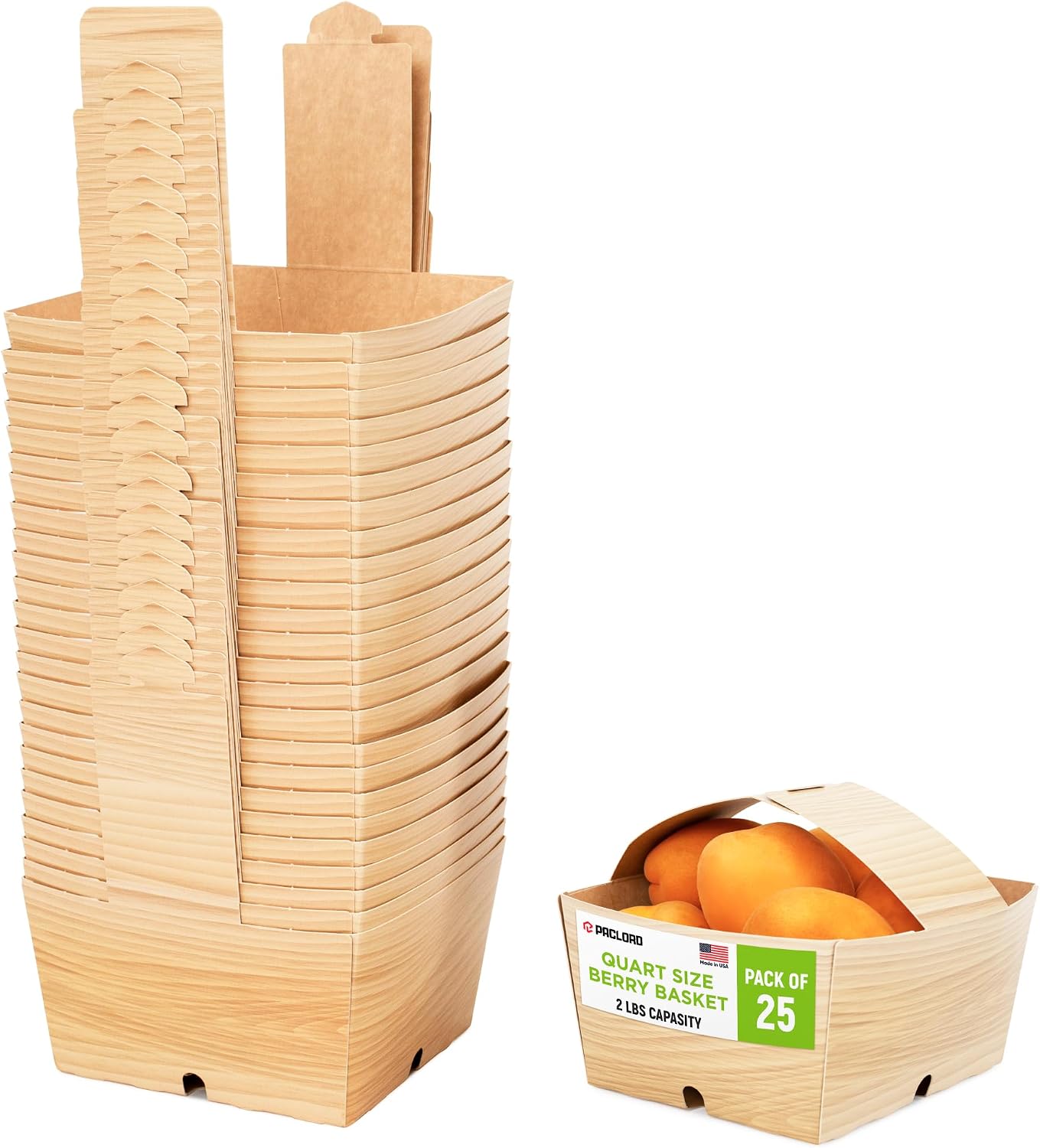 USA-Made Quart-Size Berry Baskets with Handles, Pack of 25 - 2 lbs Capacity Produce Basket for Fruits, Berries & Veggies - Premium Berry Container for Farmers Markets or Product Displays