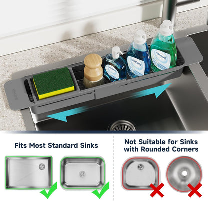 NiHome Extendable Over Sink Kitchen Organizer, Small Telescopic Brush Storage Rack for Sponge, Non-Slip Pads Expandable Sink Caddy, Adjustable Sponge/Brush Rack with Drainage Durable ABS (Dark Gray)