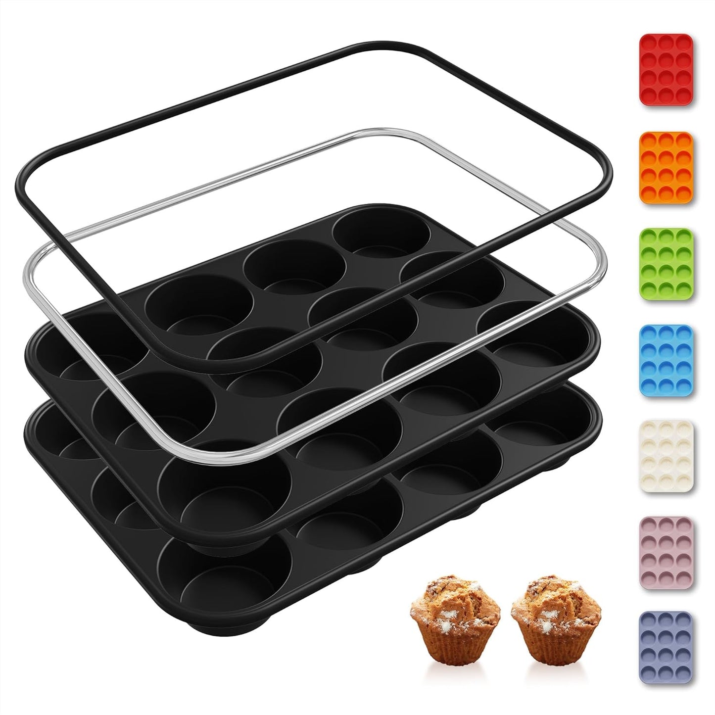 2 Pack 12 Cups Silicone Muffin Pan with Metal Reinforced Frame Regular Size Silicone Molds Cupcake Cake Baking Pans Cookie Baking Chocoflan Cupcake Mold Nonstick Muffin Tin Home Baking Supplies
