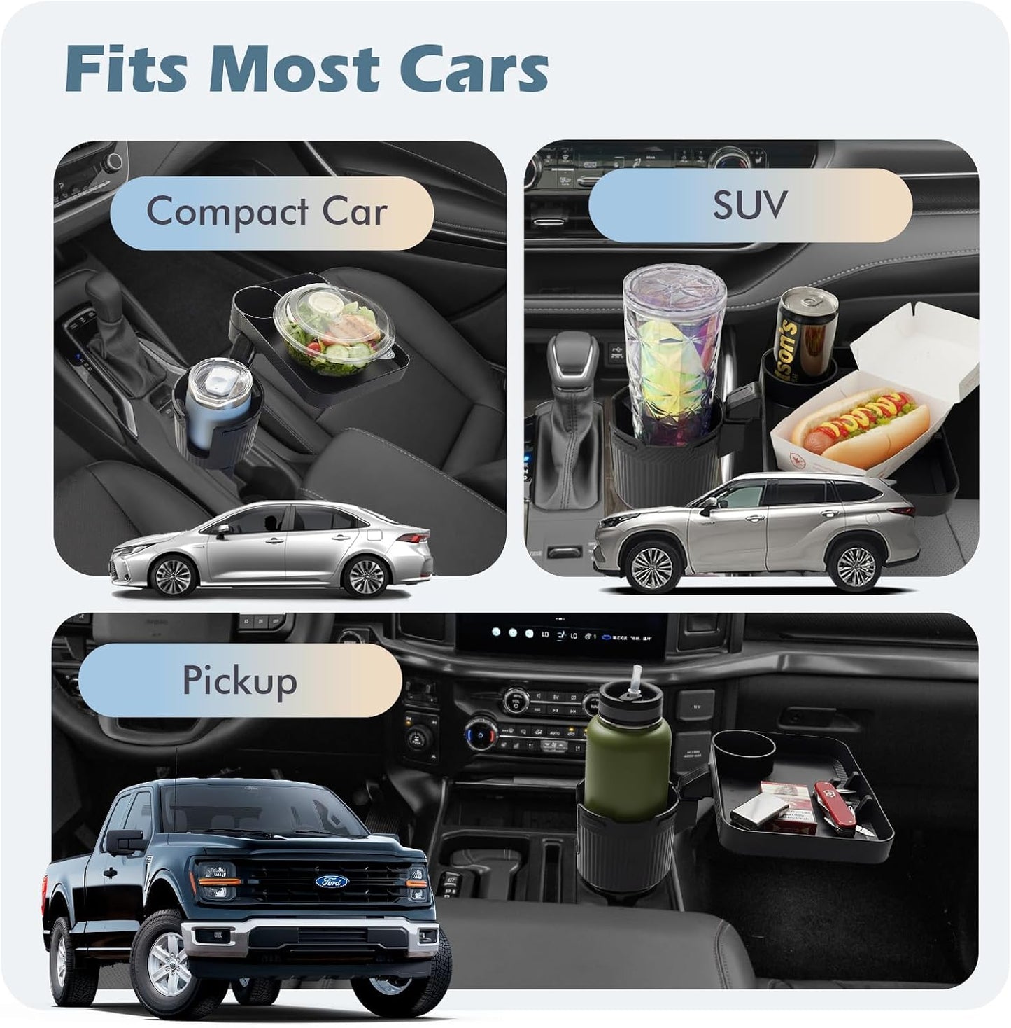 Car Cup Holder Tray, 3 in 1 Cup Holder Expander Adapter for Car, 360° Rotating Detachable 11" Car Food Tray Table for Eating, Road Trip Essentials Fits Yeti, Hydro Flask 16-46 oz, OtterVerz 11
