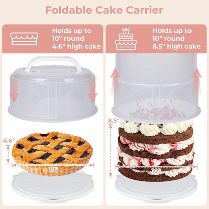 Foldable Cake Carrier, Holds up to 10in Round and 8.5in High Cake, with Lid and Handle
