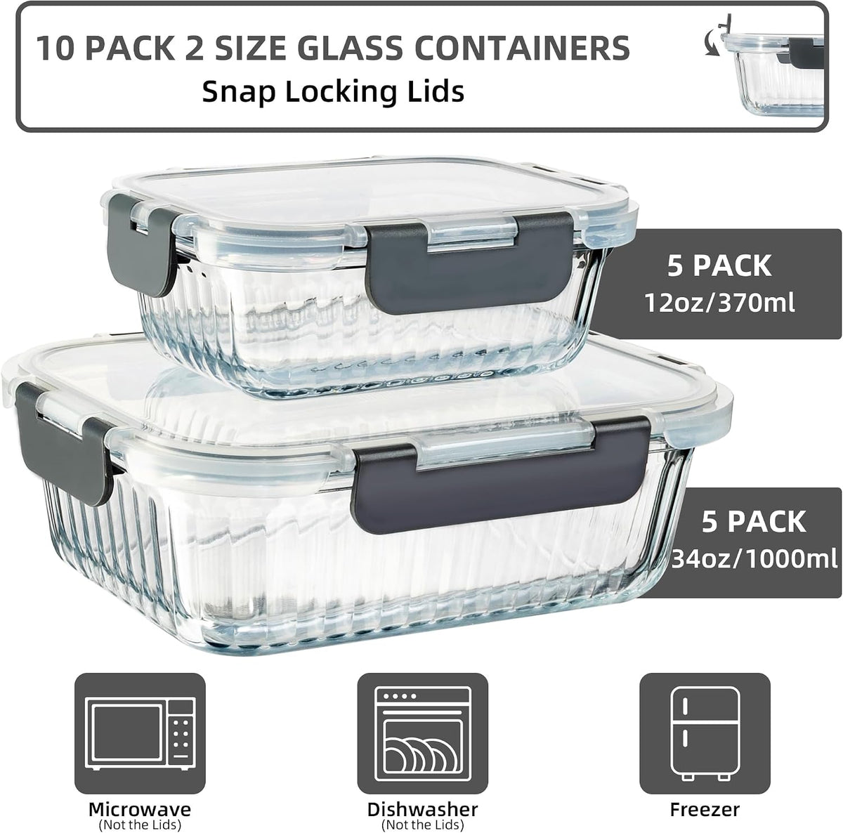 Meal Prep Containers Glass 10 Pack - Striped Food Storage Containers with Lids Airtight, 2 Sizes, Microwave Dishwasher Freezer Safe, Clear