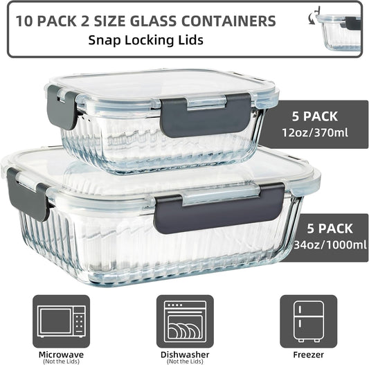 Meal Prep Containers Glass 10 Pack - Striped Food Storage Containers with Lids Airtight, 2 Sizes, Microwave Dishwasher Freezer Safe, Clear