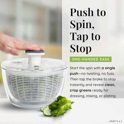 Glass Salad Spinner with Storage Lid, 6 Quart Borosilicate Bowl, Push Button Drying Lid, BPA-Free Draining Basket Doubles as Serving Bowl & Colander, Lettuce, Vegetable, & Fruit Washer