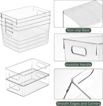 4 Pack Kitchen Organizers - Clear Plastic Storage Bins for Fridge, Pantry, Cabinet, Countertops and Bathroom