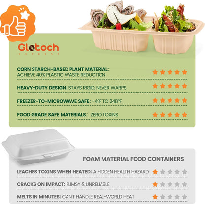 100 Piece (50 Pack) Meal Prep Containers Reusable - 2 Compartment 32 oz Cornstarch Snack Containers with Lids - Plastic Food Storage Salad Containers - To Go Lunch Box - Microwave & Freezer Safe