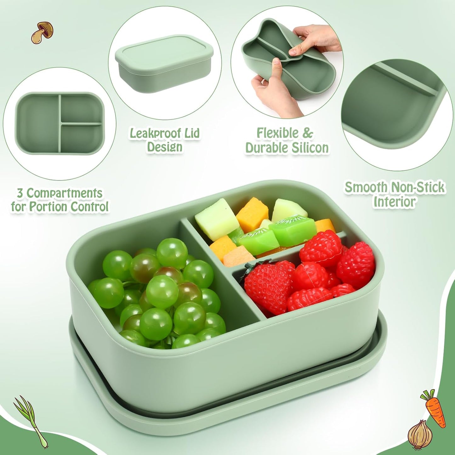 Honeydak 6 Pcs Silicone Bento Box Reusable Silicone Bento Lunch Container for Adults Microwave Dishwasher Freezer Safe 3 Compartment (Light Colors)