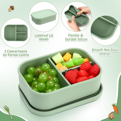 Honeydak 6 Pcs Silicone Bento Box Reusable Silicone Bento Lunch Container for Adults Microwave Dishwasher Freezer Safe 3 Compartment (Light Colors)
