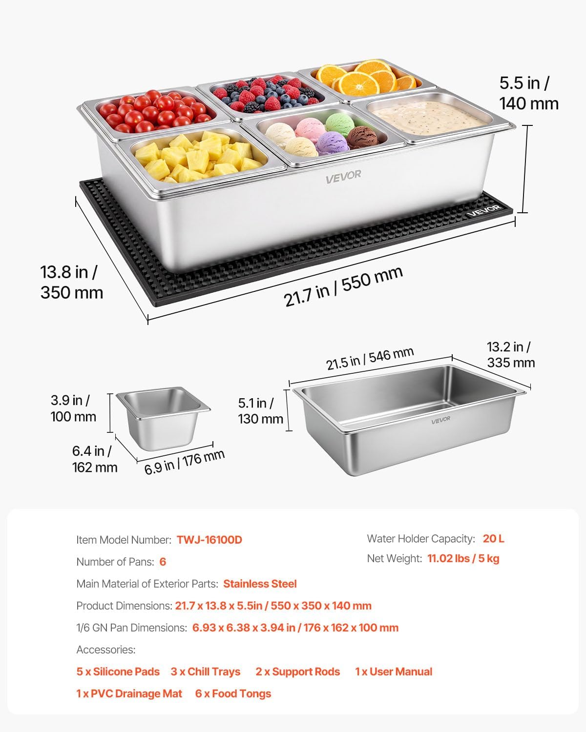 VEVOR Chilled Condiment Server Caddy, 5 Compartment Ice Cooled Serving Container, Plastic Fruit Garnish Tray Platter with Lid, for Taco Salad Bar Accessories, Party Home Restaurant Supplies