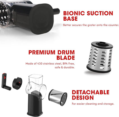 Rotary Cheese Grater Hand Crank with Foldable Handle, Three Blades