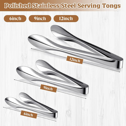 2 Pack Polished Stainless Steel Serving Tongs 9 and 12 Inch Metal Food Silver Tong for Buffet Salad BBQ Grilling Heavy Duty Kitchen Utensils for Cooking Catering Wedding Party