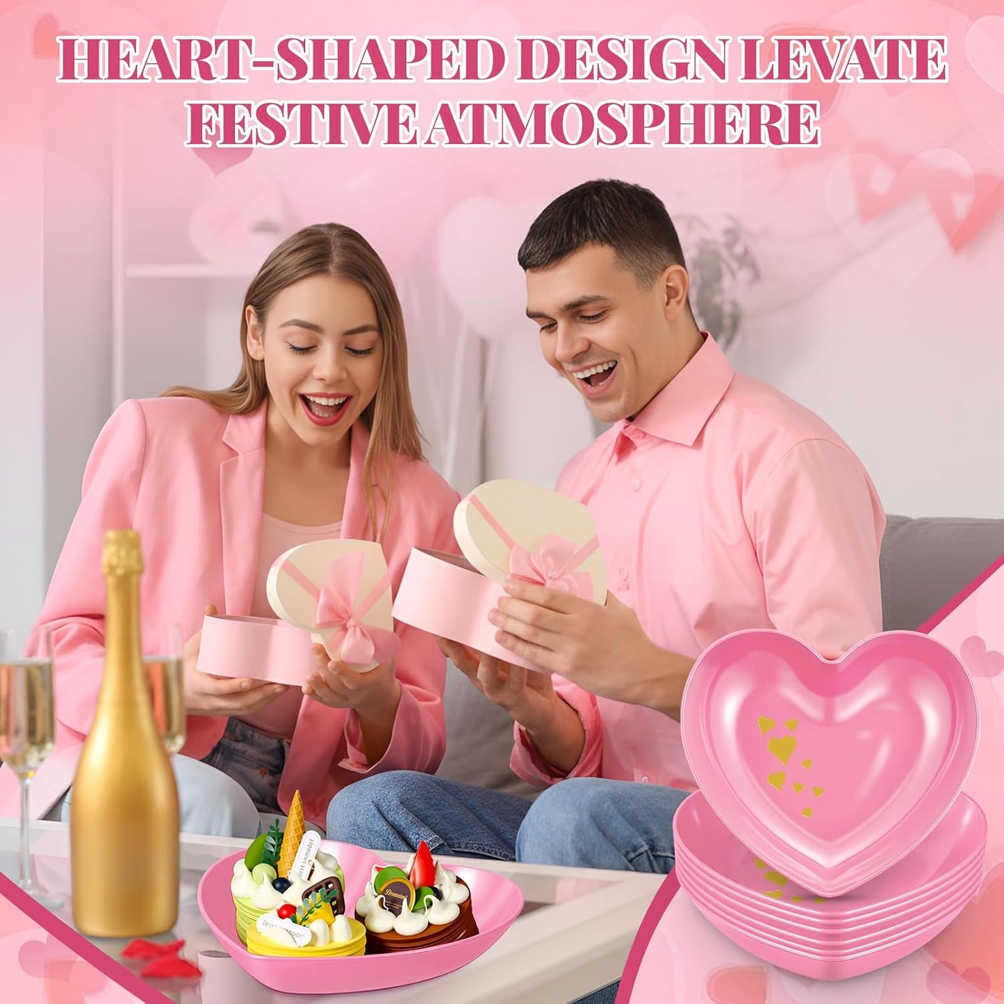 Reallnaive 6 Pcs 8.7 Inch Valentines Day Heart Shaped Plates Dessert Bowls Appetizer Plates Salad Bowls for Gift Valentine's Day Anniversary Party Supplies