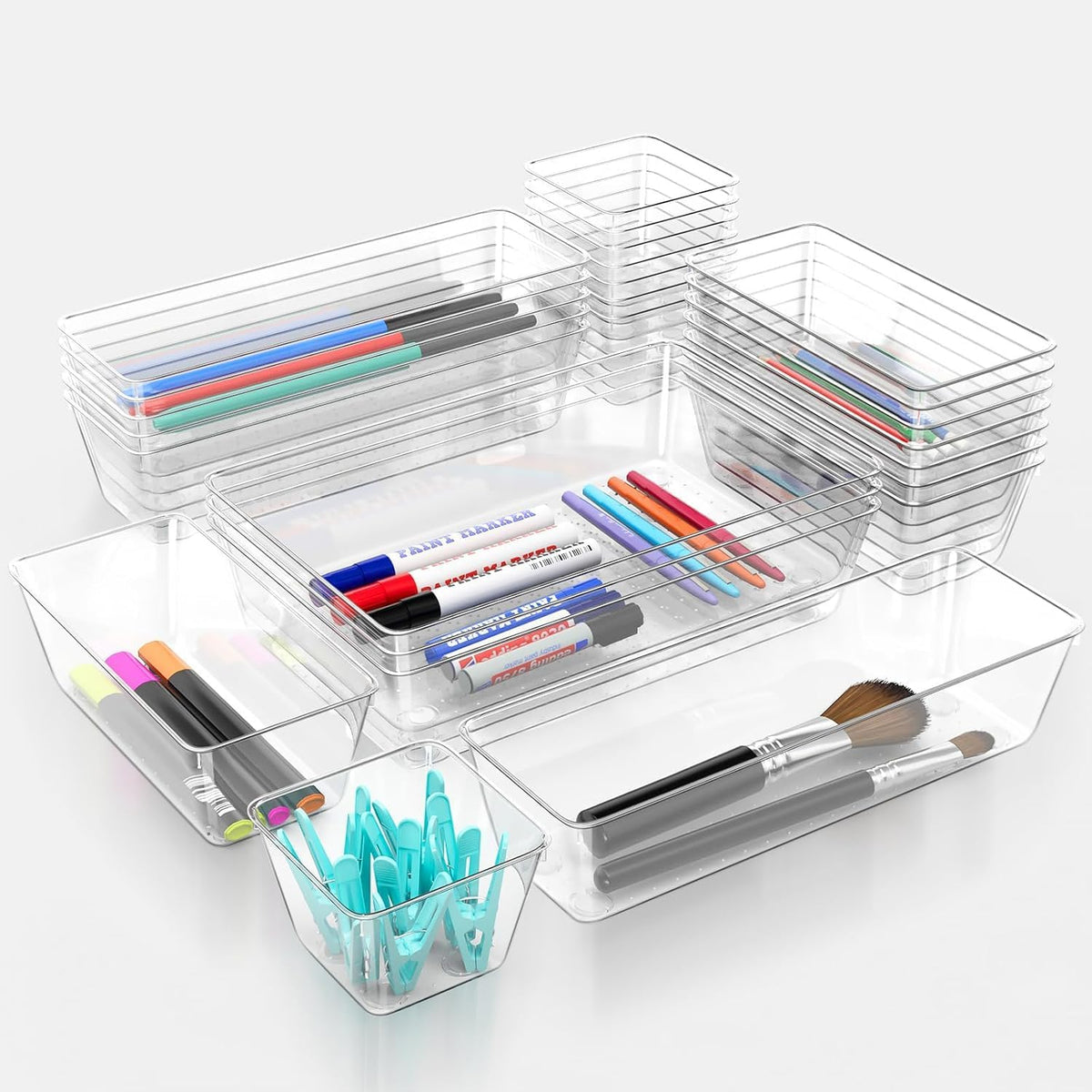 12 Pack Clear Drawer Organizer Set, 3 Sizes Bathroom Vanity Organizer Trays | Vanity and Makeup Organizer | Bathroom Organizer Trays | Storage Bins For Makeup | Cosmetics | Jewelry | Gadgets