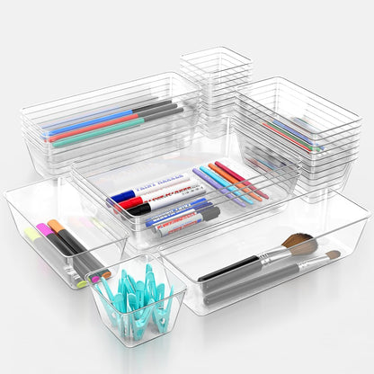 12 Pack Clear Drawer Organizer Set, 3 Sizes Bathroom Vanity Organizer Trays | Vanity and Makeup Organizer | Bathroom Organizer Trays | Storage Bins For Makeup | Cosmetics | Jewelry | Gadgets