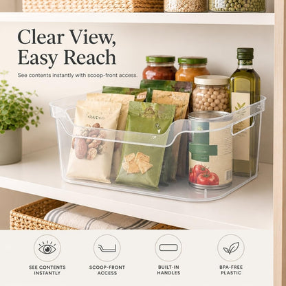 （2 Pack） Clear Plastic Storage Bin, Large Open Organizer Bin with Handles, 14.25" L Easy Access Pantry & Closet Organizer, See-Through Container for Home Office