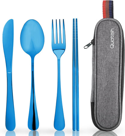 Travel Utensils with Case, Quatish Portable Silverware Set for Work, Stainless Steel Reusable Travel Cutlery Set, Fork and Spoon Set for Camping, EDC Gadgets, Lunch Box for Men, Purple