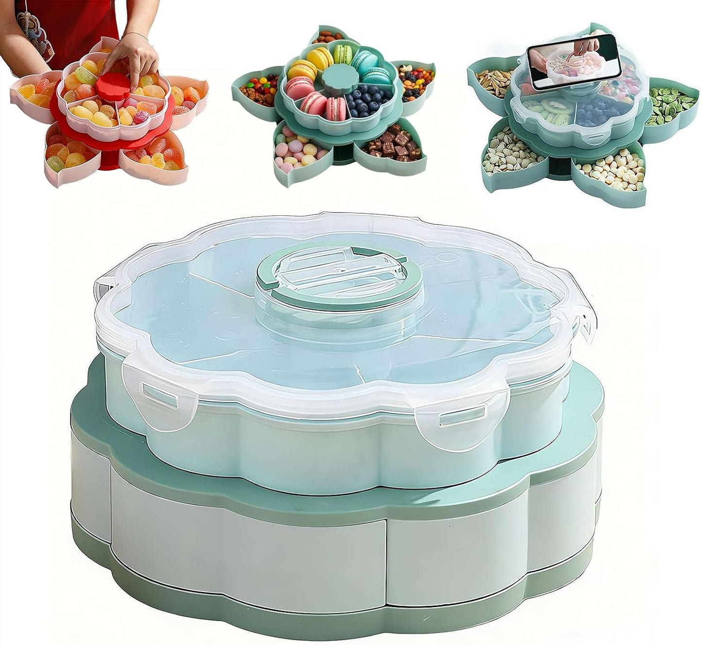 Divided Spin and Snack Serving Tray,2027 New Divided Serving Tray That Spins,Rotating Snack Box Container with Lid,Multi-Compartment Food Organizer Design,Lazy Susan Organizer for Fruit, Nuts, Candy
