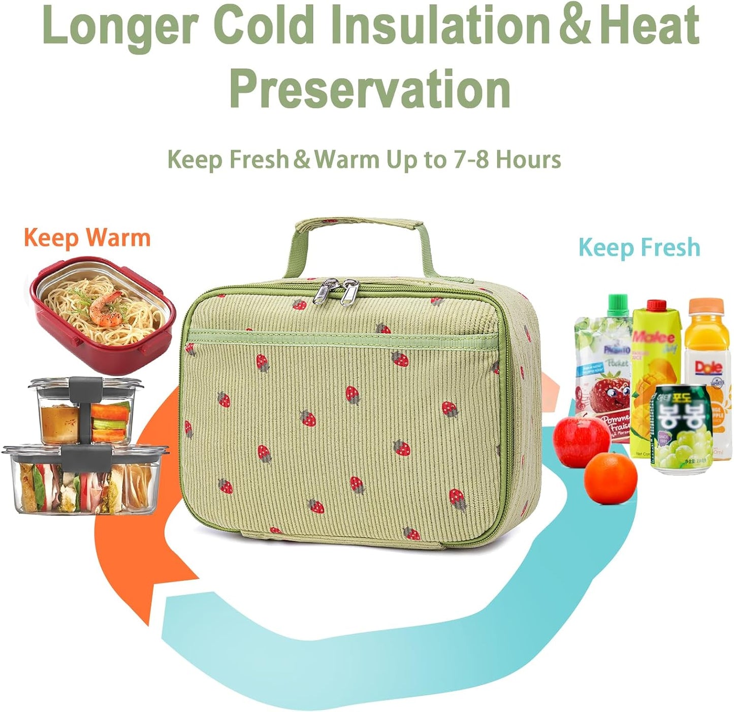 Bluboon Insulated Lunch Bag for Girls & Boys, Corduroy School Lunch Box with Cooler & Organizer Compartments, Leak-Proof Lunch Tote for School, Travel (Corduroy Strawberries Beige)