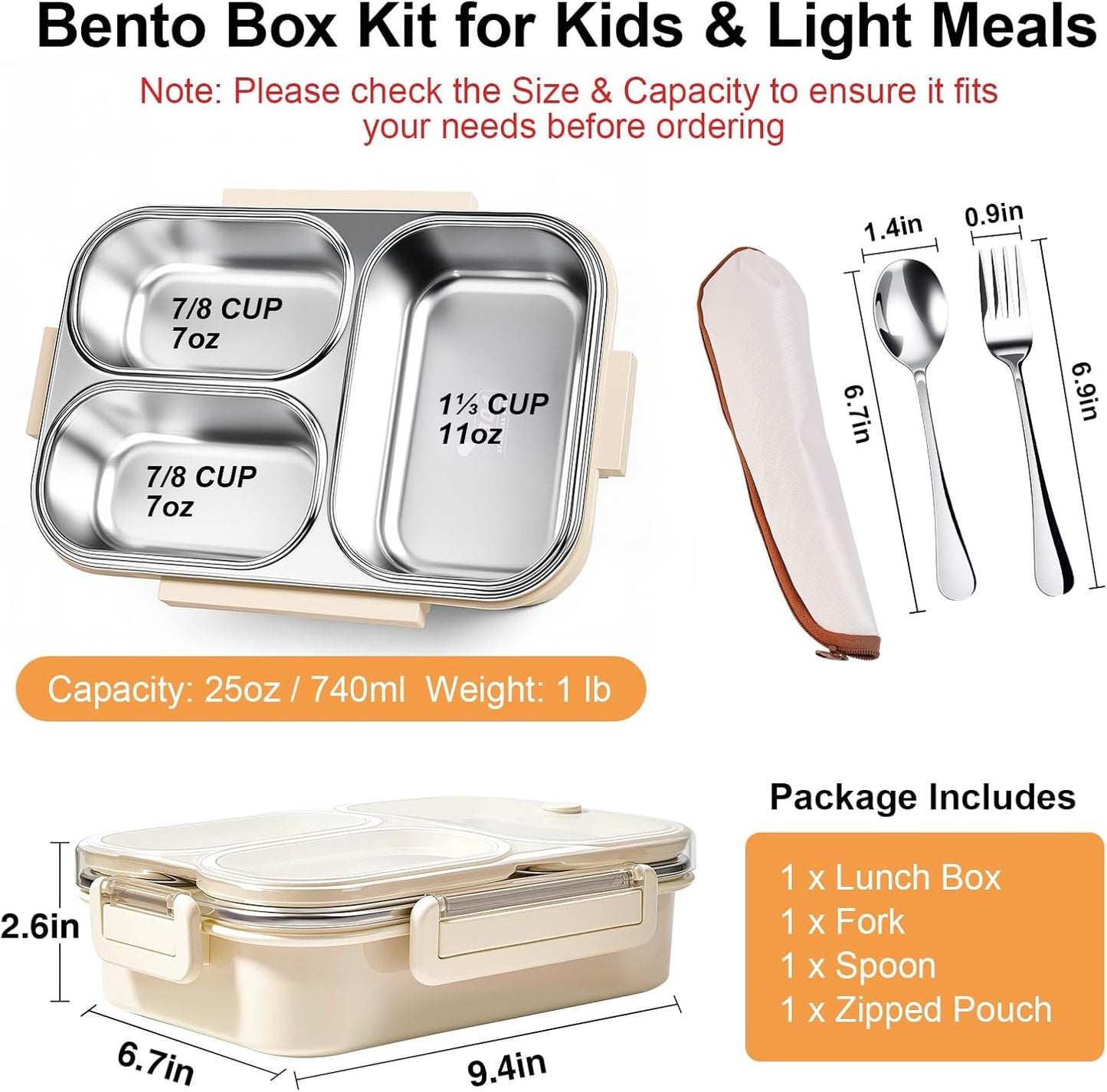 25oz 18/8 Stainless Steel Lunch Box Kit (Bento Box + Fork/Spoon) - 3 Leakproof Compartments - Metal Snack Box for Kids & Adults - School/Office/Travel - Dishwasher Safe (Beige)