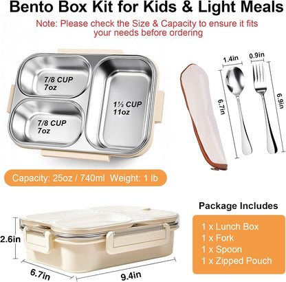 25oz 18/8 Stainless Steel Lunch Box Kit (Bento Box + Fork/Spoon) - 3 Leakproof Compartments - Metal Snack Box for Kids & Adults - School/Office/Travel - Dishwasher Safe (Beige)