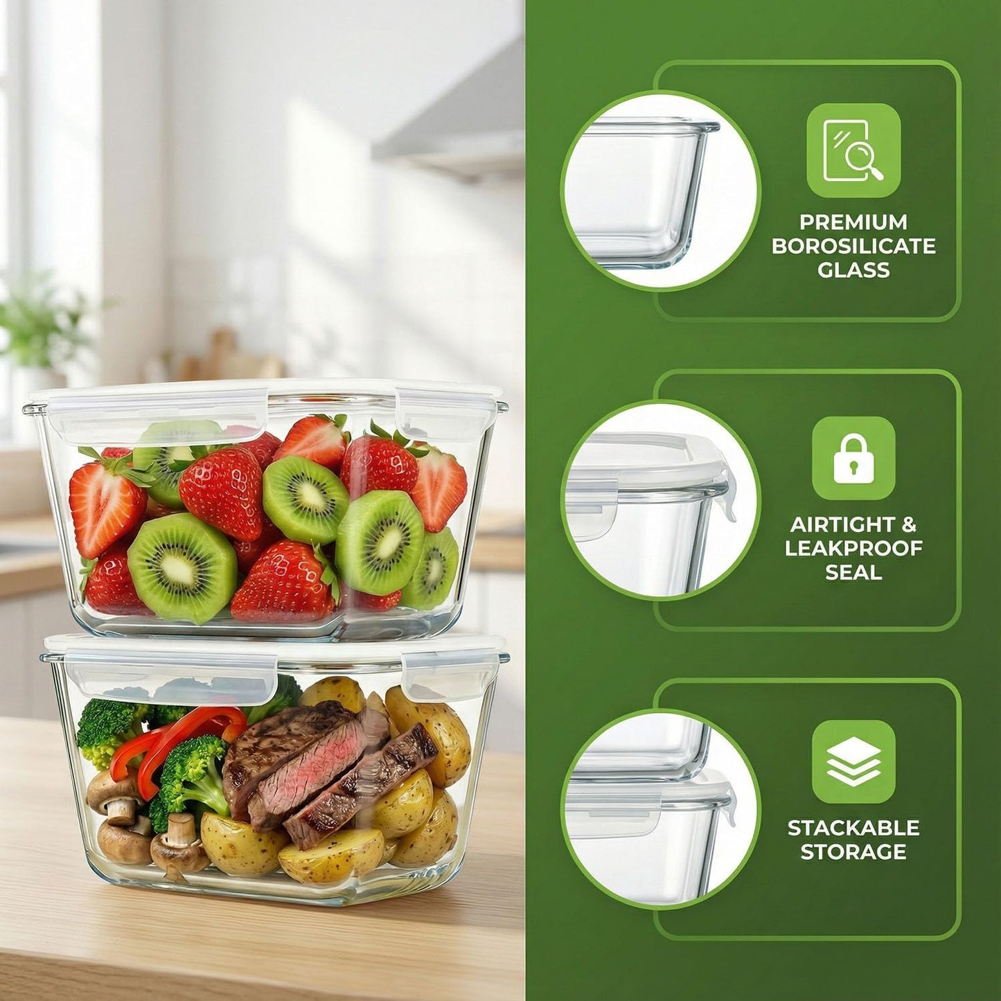 2 Pack Large Glass Food Storage Containers with Lids 85oz/10.5cup Big Airtight Storage Containers for Rotisserie Chicken Meal Prep Leftovers, BPA Free & Leak Proof, Microwave, Oven Safe (gray)