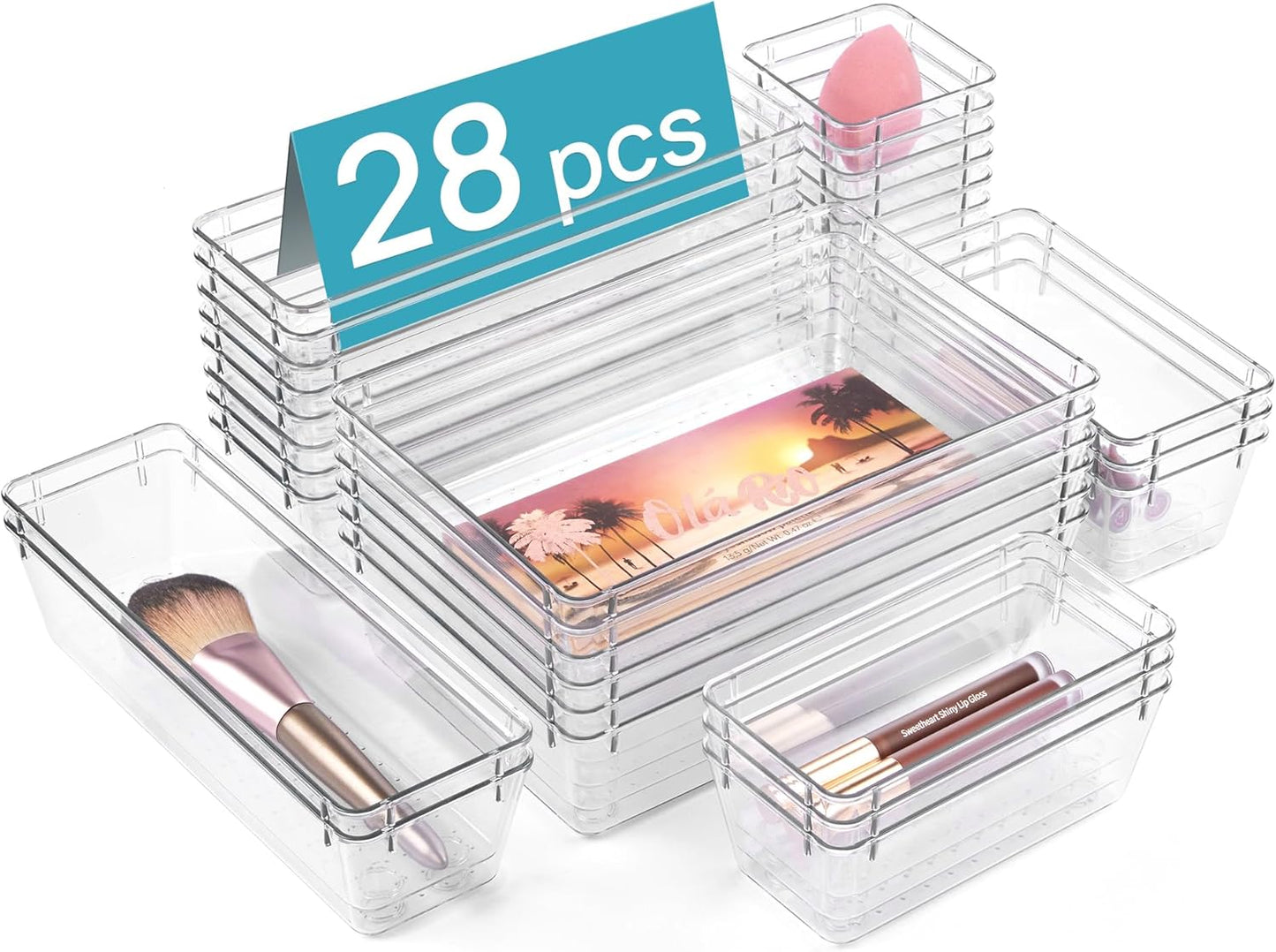 Vtopmart 25 PCS Clear Plastic Drawer Organizers Set, 4-Size Versatile Bathroom and Vanity Drawer Organizer Trays, Storage Bins for Makeup, Bedroom, Kitchen Gadgets Utensils and Office