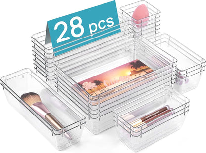 Vtopmart 25 PCS Clear Plastic Drawer Organizers Set, 4-Size Versatile Bathroom and Vanity Drawer Organizer Trays, Storage Bins for Makeup, Bedroom, Kitchen Gadgets Utensils and Office
