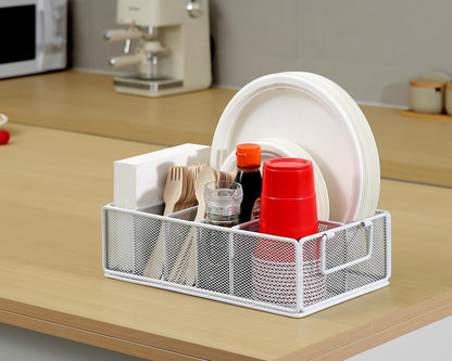Paper Plate Dispenser with Handle, Metal Paper Plate Holders for Kitchen Counter, Utensil Holder Organizer with 6 Compartments, Silverware Holder Caddy for Cup Fork Spoon Napkin Party Camping