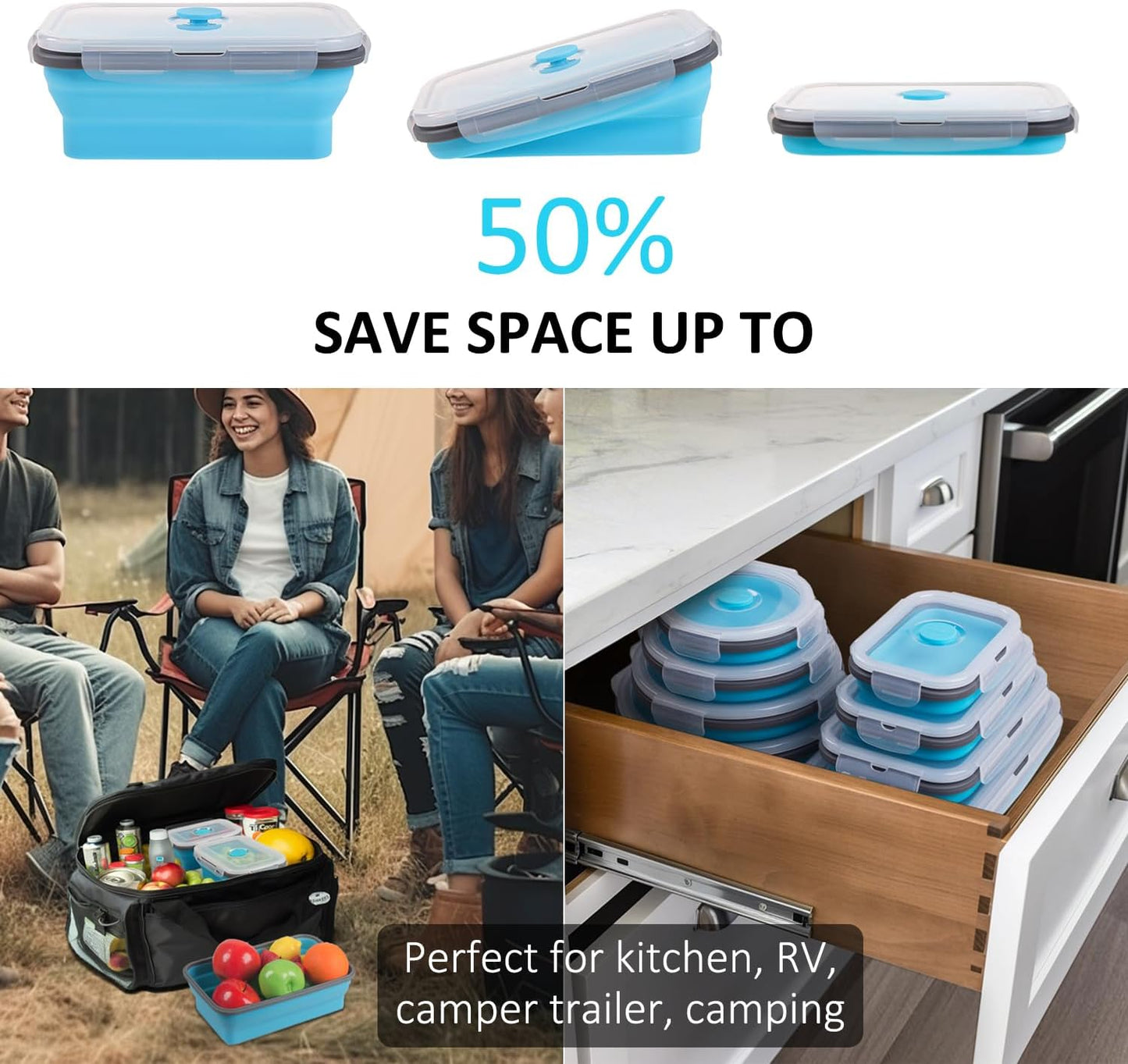 Collapsible Food Storage Containers with Lids, 4 Pack, 40 oz Silicone 1-Compartment Meal Prep Containers Reusable, Lunch Bento Boxes for Adults, Microwave Freezer Dishwasher Safe, BPA-Free, Black