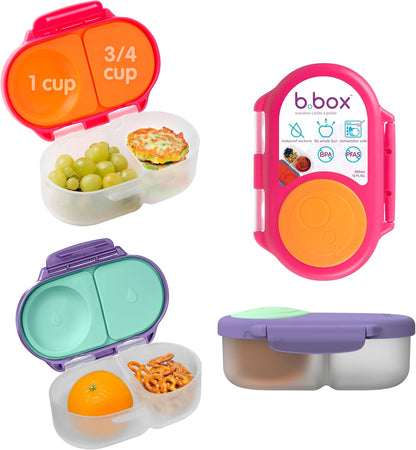 b.box Snack Box 2-Pack - Leak Proof Mini Bento Box for Kids & Toddlers, 2 Compartment Snack Containers for Kids, Dishwasher Safe, BPA-Free, PFAS-Free, Ages 4mo+, 1 3/4 Cup Each (Strawberry + Lilac)