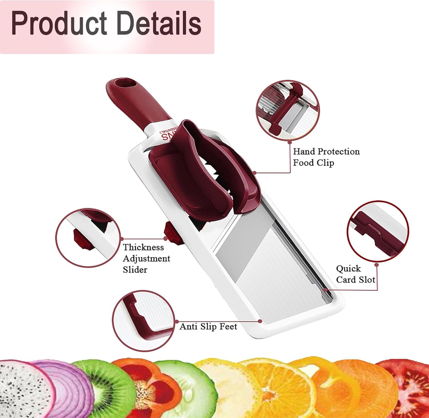 Mandoline Slicer for Kitchen – Adjustable Stainless Steel Blades, with Comfort Grip – Vegetable Slicer for Small to Medium sized Cucumber, Onion, Potato – Gray