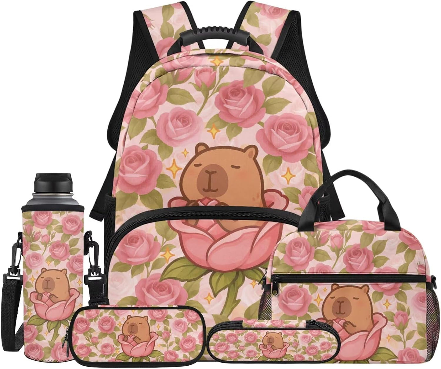 Cute Capybara Pizza Backpack for Girls, 5 Pcs Boys School Bag Set for Kids, 17 Inch Backpacks Lunch Pencil Box Reusable Utensils Case Set for Middle Elementary School, 3rd Grade Backpack