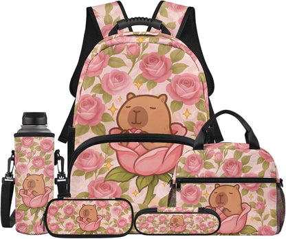 Cute Capybara Pizza Backpack for Girls, 5 Pcs Boys School Bag Set for Kids, 17 Inch Backpacks Lunch Pencil Box Reusable Utensils Case Set for Middle Elementary School, 3rd Grade Backpack