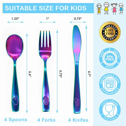 12 Piece Stainless Steel Kids Silverware Set - Child and Toddler Safe Flatware - Kids Utensil Set - Metal Kids Cutlery Set Includes 4 Small Kids Spoons, 4 Forks & 4 Knives - UV Rainbow