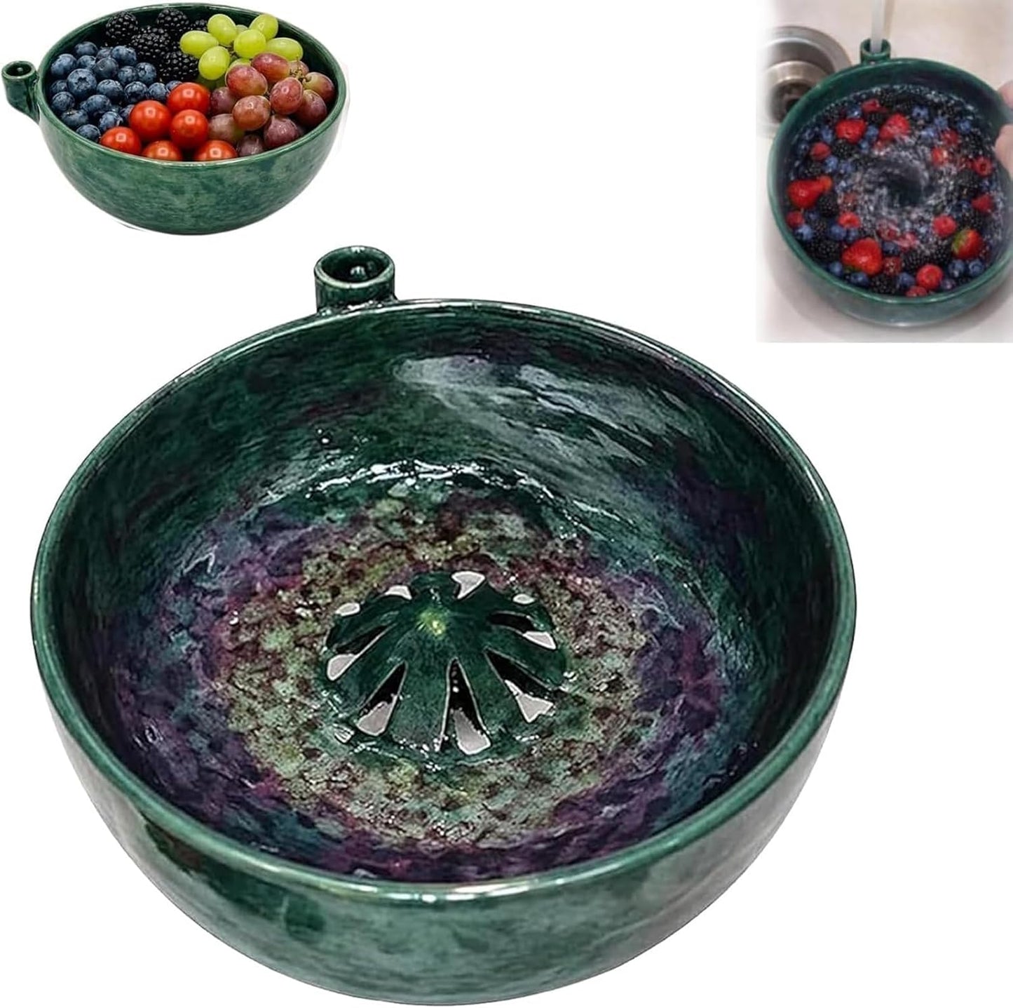 360° Degree Fruit Swirl Colander with Center Cone,2026 Self Spinning Ceramic Berry Washing Bowl with Drain Holes,Automatic Quick Kitchen Rinse Washer for Berries Vegetables & Fruit (1)