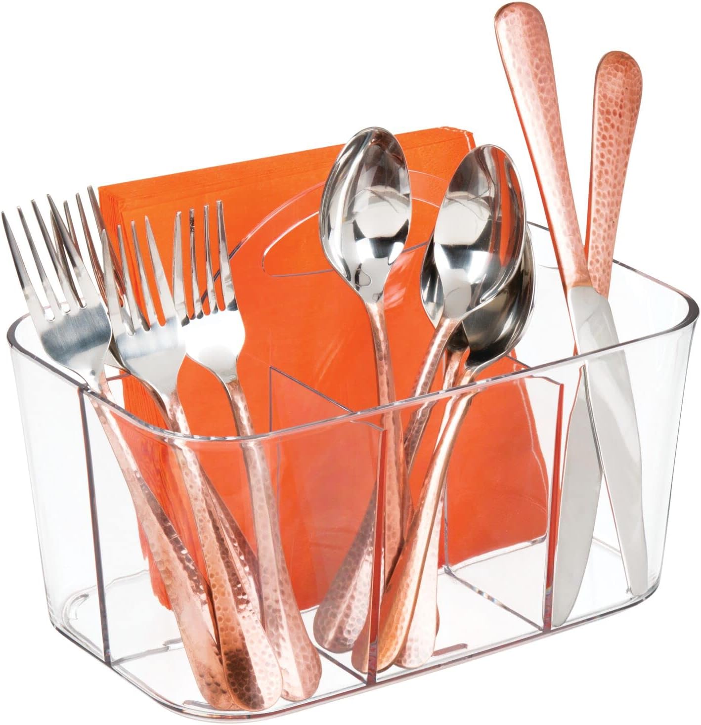 mDesign Plastic Cutlery Storage Organizer Caddy Bin Tote with Handle - Kitchen Cabinet Divided Pantry Basket for Forks, Knives, Spoons, Napkins, Indoor/Outdoor Use, Lumiere Collection, 2 Pack - Clear