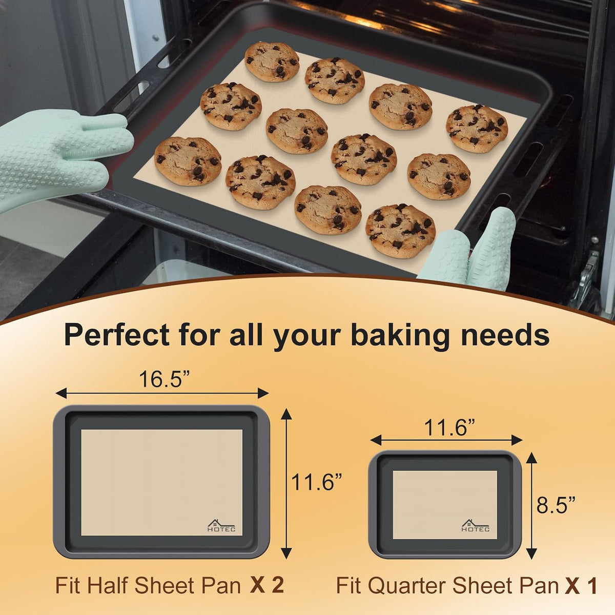 HOTEC Silicone Baking Mats 3 Pack – Non-Stick Reusable Silicone Baking Sheets for Oven – Cookie & Macaron Mats – 2 Half Sheet + 1 Quarter Sheet – BPA-Free, Dishwasher Safe