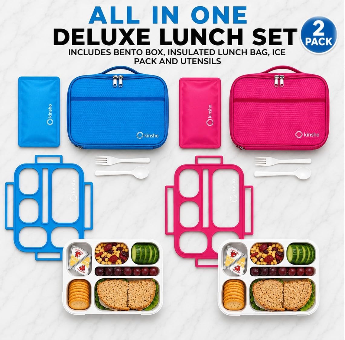 kinsho Lunch Box for Kids Boys Girls - Bento Box Set with Insulated Bag and Ice Pack, 6 Compartment Leak Proof Food Container, BPA-Free, Microwave Safe, Ideal for School & Work, Teal