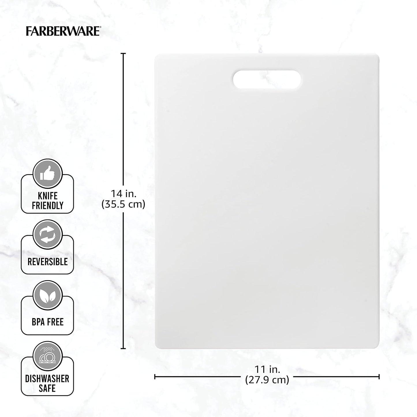 FARBERWARE Large Cutting Board, Dishwasher- Safe Plastic Chopping Board for Kitchen with Easy Grip Handle, 11in by 14in, White
