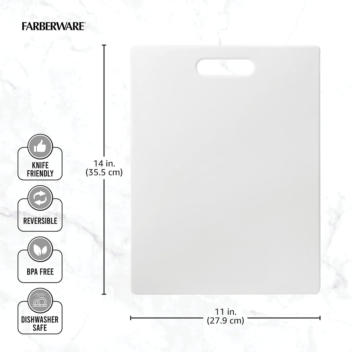 FARBERWARE Large Cutting Board, Dishwasher- Safe Plastic Chopping Board for Kitchen with Easy Grip Handle, 11in by 14in, White