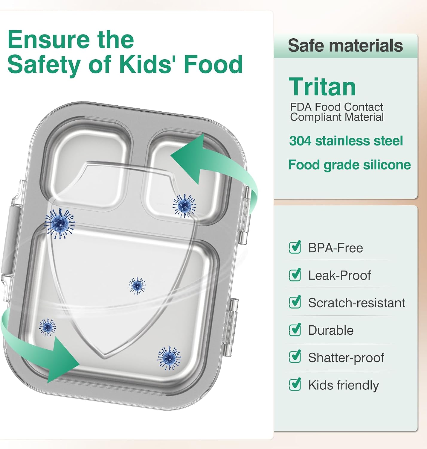 HOMEKOL Stainless Steel Bento Lunch Box, 3-Compartment Leak-Proof Lunch Container for Kids & Adults, BPA/BPS-Free 304 Metal Food Box, Dishwasher Safe, Clear Tritan Lid, Green (Not Insulated)