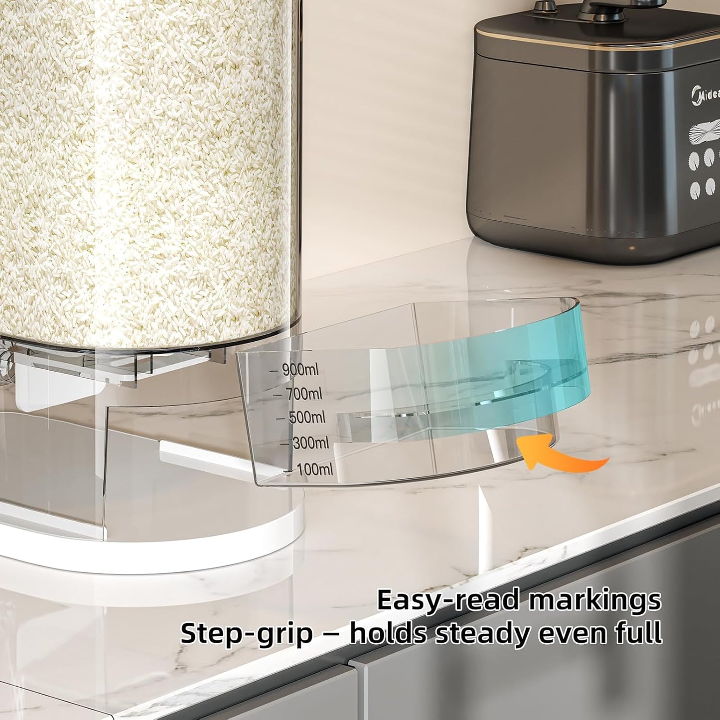 JOYZAN Large Rice Dispenser 22Lbs Clear Rice Storage Container with Measuring Cup and Built-in Fresh Box Cereal Dispenser for Countertop Kitchen Storage