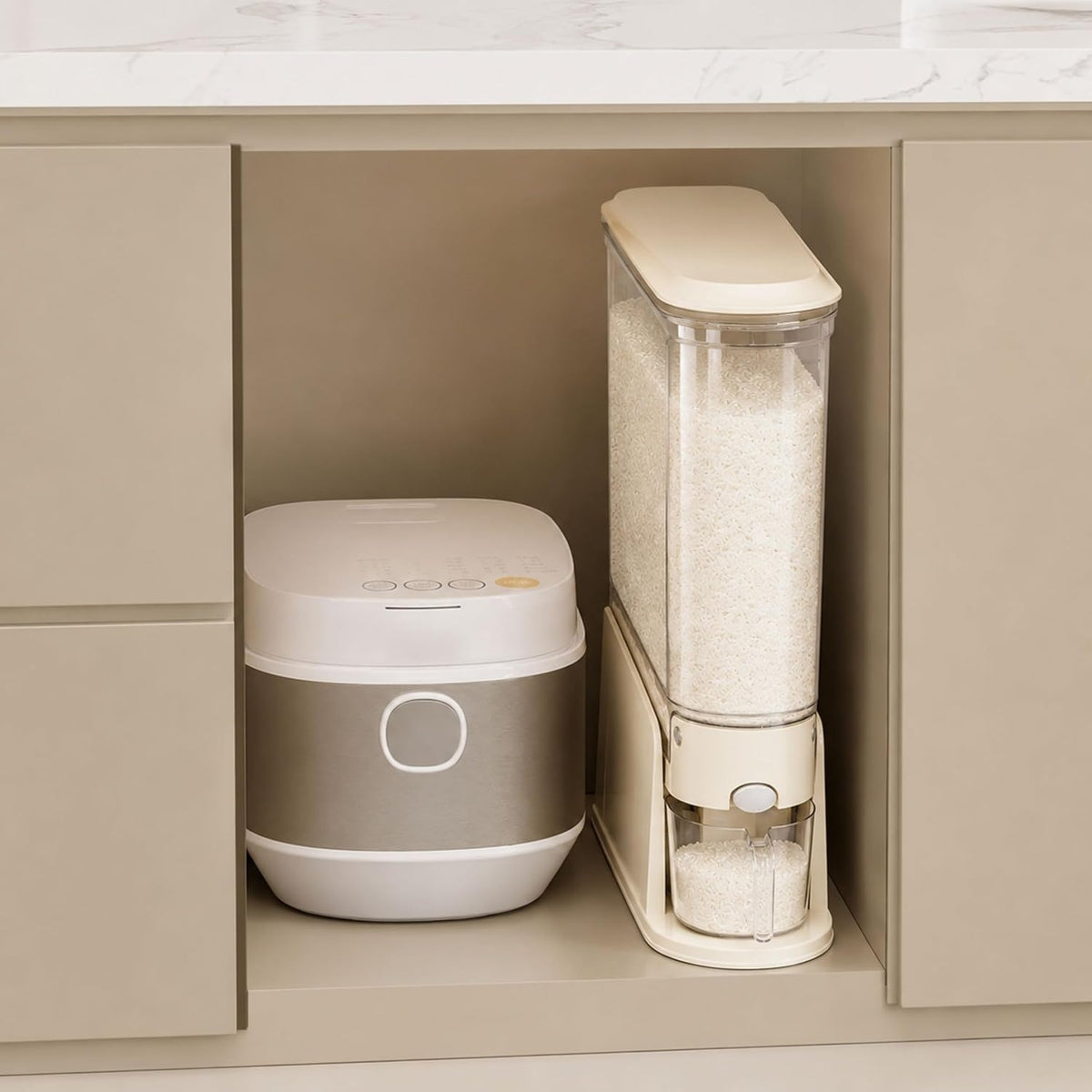 ROOM127 Rice Dispenser 22 Lbs, Large Airtight Grain Container, Cream White | Family Size Storage, BPA-Free, Moisture-Proof Seal, One-Touch Pouring, Clear Window, for Cereal, Beans, Oats & Dry Food