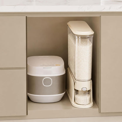 ROOM127 Rice Dispenser 22 Lbs, Large Airtight Grain Container, Cream White | Family Size Storage, BPA-Free, Moisture-Proof Seal, One-Touch Pouring, Clear Window, for Cereal, Beans, Oats & Dry Food